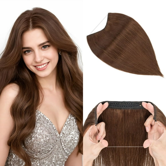 Halo Hair Extensions Real Human Hair, MY-LADY Adjustable Halo Extensions Real Human Hair, 16 inch Medium Brown Women's Long Straight Hair Invisible Wire Hair Extensions