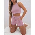thumbnail image 5 of Women Summer Lounge Sets Casual Waffle Knit Crop Top Shorts Outfits 2 Piece Sets Sleepwear Pink XXL, 5 of 9