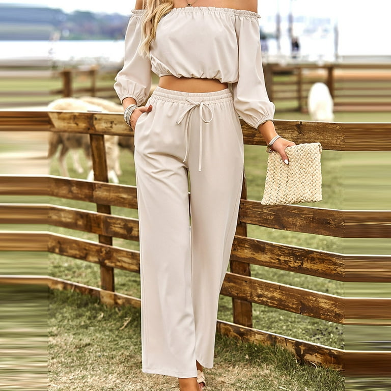 Women's Two Piece Outfits 2023 Off Shoulder Casual Crop Tops Blouse and  High Waist Palazzo Pants Set