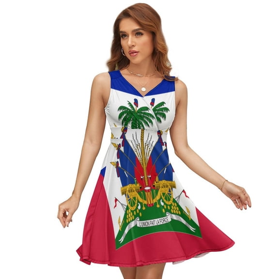 Haiti Haitian Flag Coat of Arms Red Women's Tank Dress V Neck Sleeveless Summer Sundress