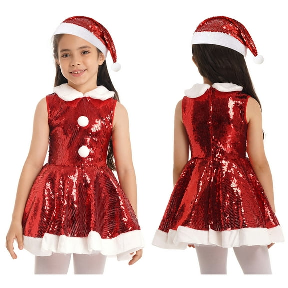 iiniim Girls Sleeveless Sequins Christmas Tutu Dress with Hat Set Xmas Party Miss Santa Claus Dress Up Red 12