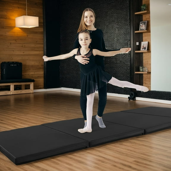 Resenkos Gymnastics Mat, Exercise Tumbling Mat,4-Panel PU Leather Folding Exercise Mat with Carrying Handles-Black