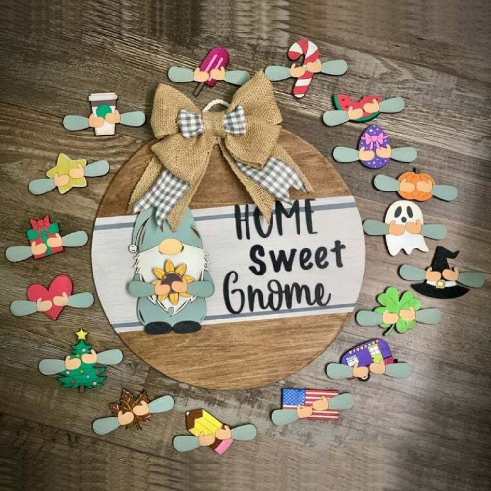 12 Welcome Home Sign Wreath Front Porch Door Gnomes Sweet Gnome Interchangeable Hanging Decor Seasonal Wood Rustic Housewarming Gift Farmhouse Wall Ornament Holiday Decorations 