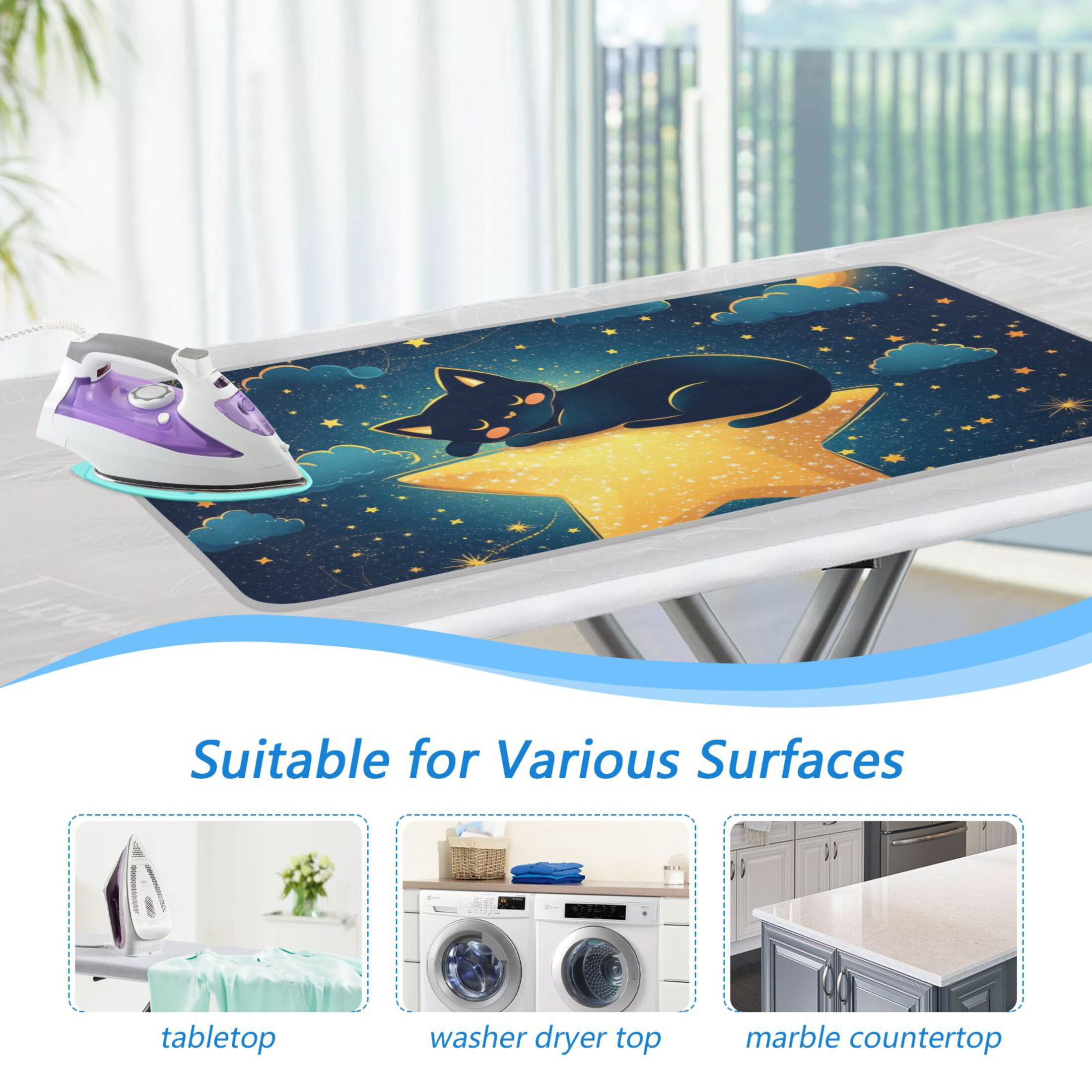 Sleeping Cat in Starry Night Ironing Mat Blanket for Table Top Travel Portable Ironing Board Pad 47.2x27.6 Inch