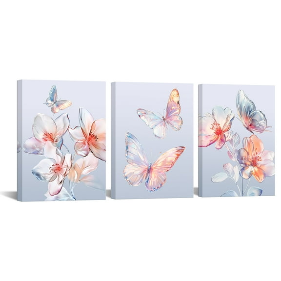 Furnster Modern Floral & Butterfly Canvas Prints 12"x16" x 3Pcs Framed Wall Art Decor Pictures, High-Definition Home Office Decoration, Perfect Gift Idea