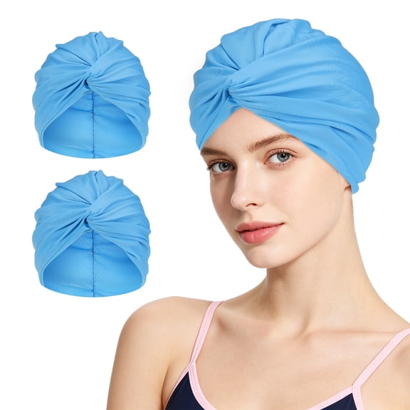 Uxcell 2Pcs Turban Swim Cap, Polyester Pleated Tied Swimming Cap Elastic Bathing Fabric Swim Hat for Long Short Hair Pool Beach Leisure/Water Sports/Bathing/Swimming, Light Blue