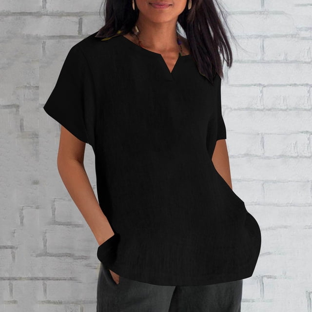Liquidation sous 6! Chemise d'Été en Lin à Manches Courtes Respirante pour Femmes jusqu'à 30 % de Réduction Noir TG