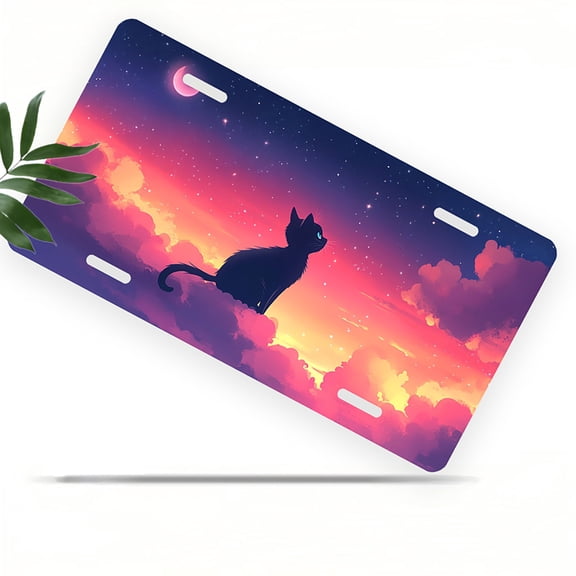 License Plate, Cat under Crescent Moon Decorative Front,Personalized Stainless Steel License Plate Cover For Men Women,12.2" X 6.2"