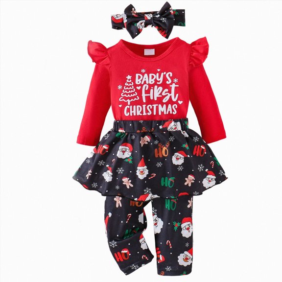CAICJ98 Baby Girl Christmas Outfit Newborn Dress Ruffle Long Sleeve Romper Tutu Skirt Pants Headband 3Pcs Set Winter Clothes,Size 3-6 Months