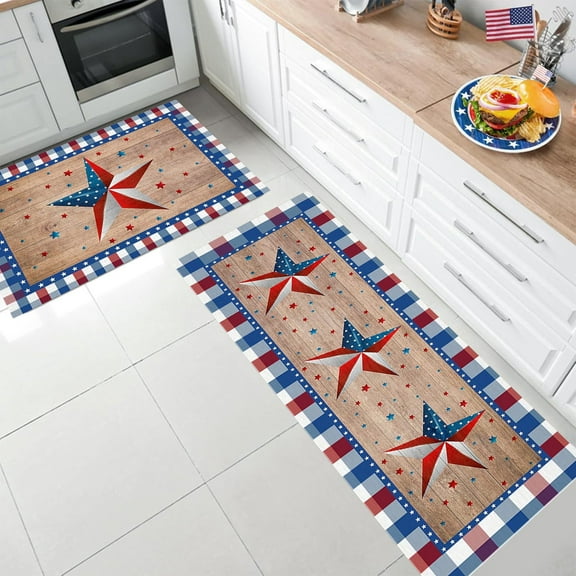 CaiYueKe 2 Pcs Patriotic Kitchen Rug Set Non Slip Doormat American Flag Design Washable Floor Mat for Sink Stove Entryway Home Decor Independence Day July 4th
