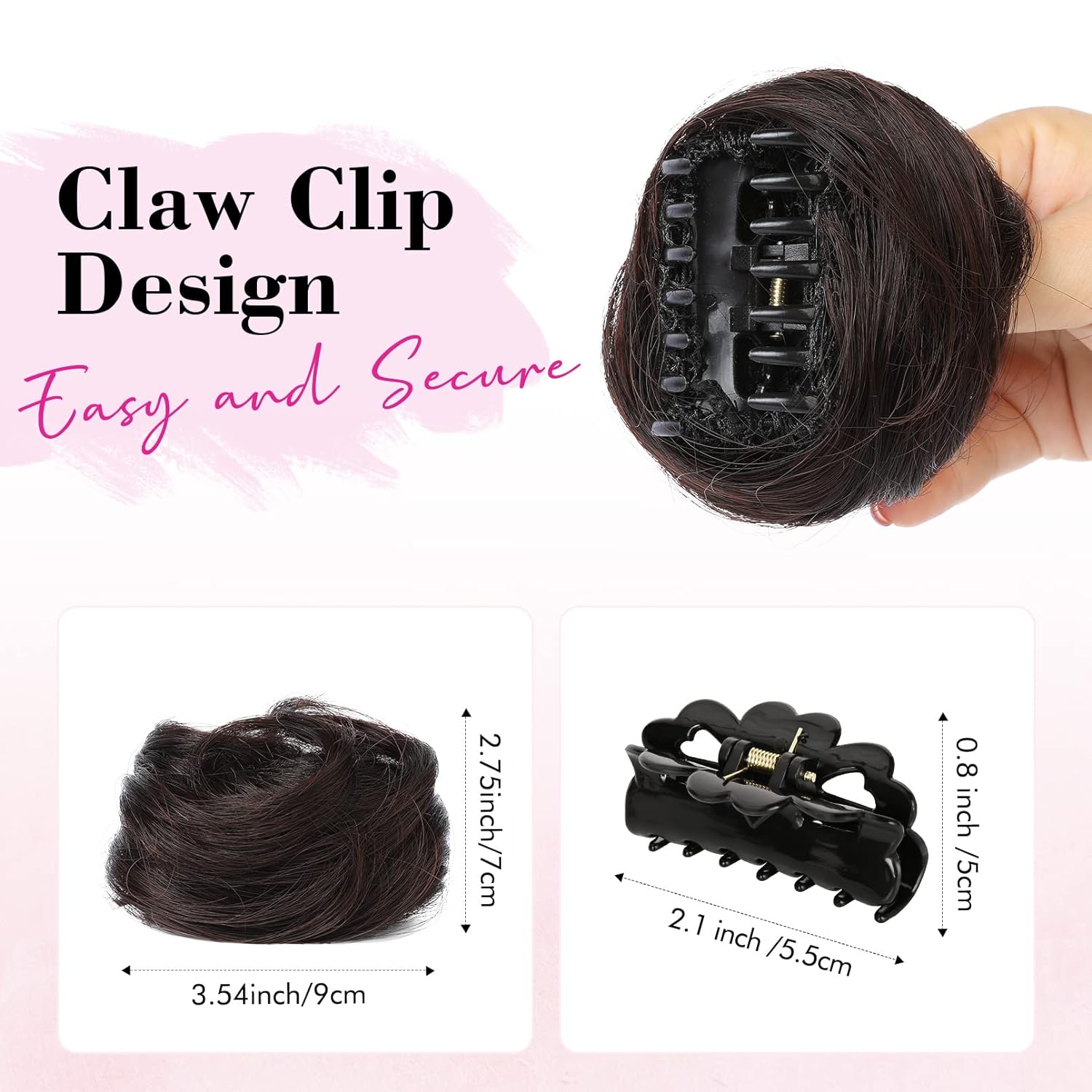 Space Bun Hair Pieces, 2 PCS Mini Claw Clip in Messy & Cat Ears Fake Hair Bun Extensions HB001 Wig Accessory Updo Hairpieces for Women Girls (Pack of 2-3.5" Wavy, Black Brown)
