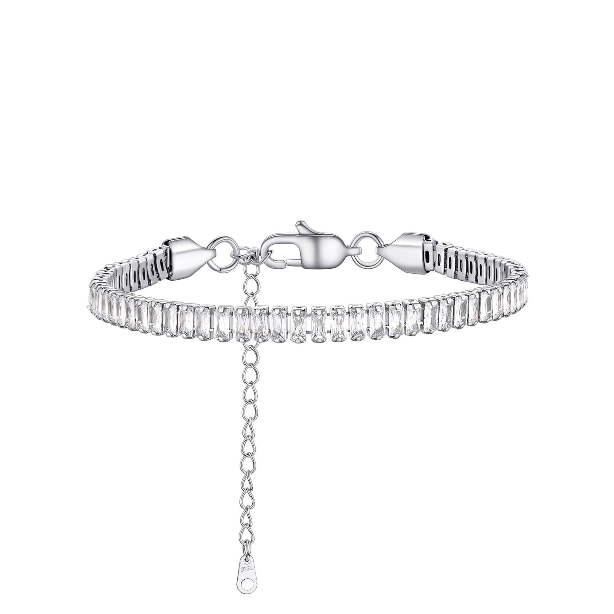 Suplight Tennis Bracelet for Women Stainless Steel Sparkling Baguette Cut White Cubic Zirconia Hand Chain Elegant Adjustable 6.7" Bling Jewelry Gifts for Wife Girlfriend Anniversary Valentine's Day