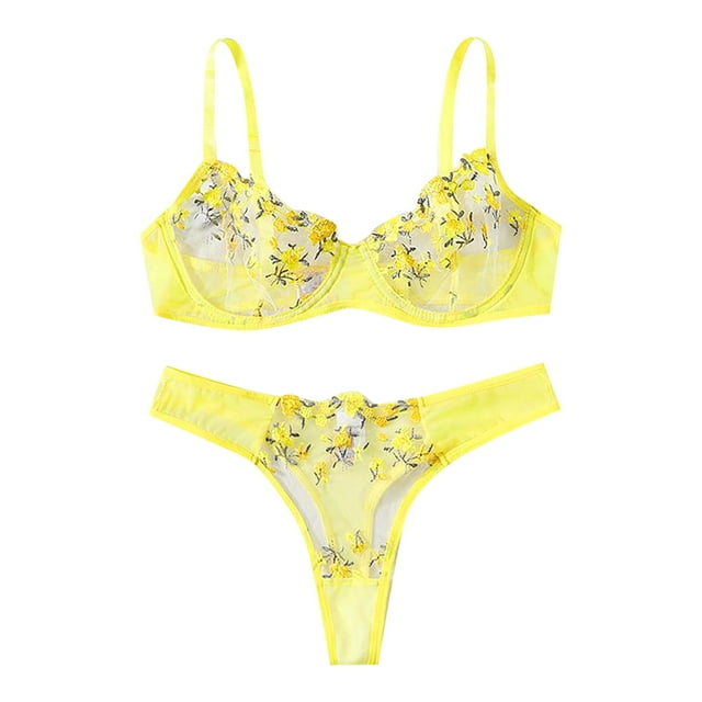WZXFASHION Sweet And Sexy Low Waist Lace Embroidery Mesh See Through Sexy Lingerie Set Intimates Yellow M