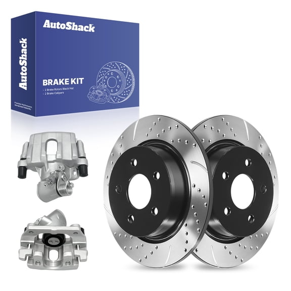 AutoShack Rear Solid Drilled & Slotted E-Coated Brake Rotors   Calipers 4-PC Brake Kit Replacement for 2013-2016 Ford Escape 2013-2018 Ford C-Max ShadowGuard 11.02" (279.8 mm)