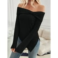 thumbnail image 2 of Womens Cute Bow-Knot Off Shoulder Knitted Sweater Shirt Tops Side Slit Pullover Trendy Y2k Aesthetic Clothes Black XL, 2 of 8