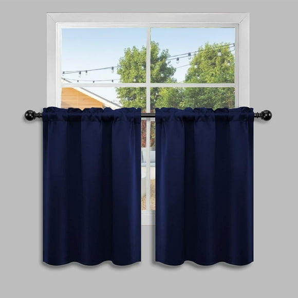 AIR-Navy Blue Cafe Curtain (Half Window Curtain) 36 Inches Length, Rod Pocket Small Kitchen Curtain, Short Blackout Curtain for Small Window, 30" Wide and 36" Long, 2 Panels
