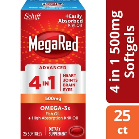 MegaRed Advanced 4 in 1 Omega-3 Fish Oil + Krill Oil Softgels, 500 Mg - 25 (Best Krill Oil Supplement Uk)