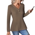 thumbnail image 1 of V cuello de manga larga Top color sólido botón decoración waffle casual mujer Top para Otoño Invierno caqui M, 1 of 7