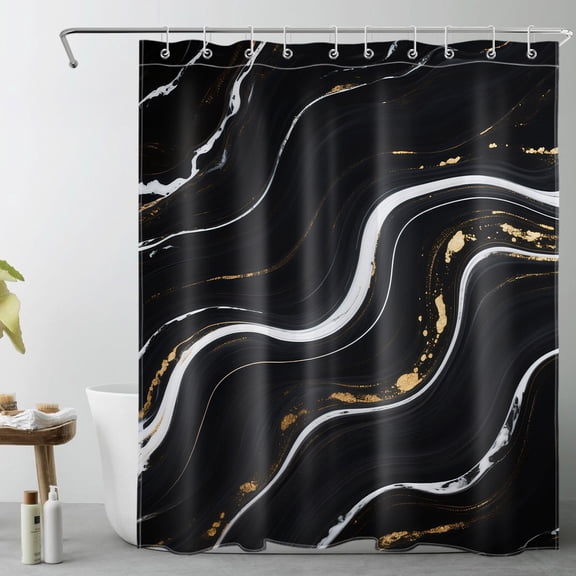 HVEST Black and White Marble Shower Curtain with Abstract Black and Gold Geometric Wave Design - Modern Simple Bathroom Decor, Waterproof Polyester Fabric, Includes 10 Hooks, 60x72 Inches