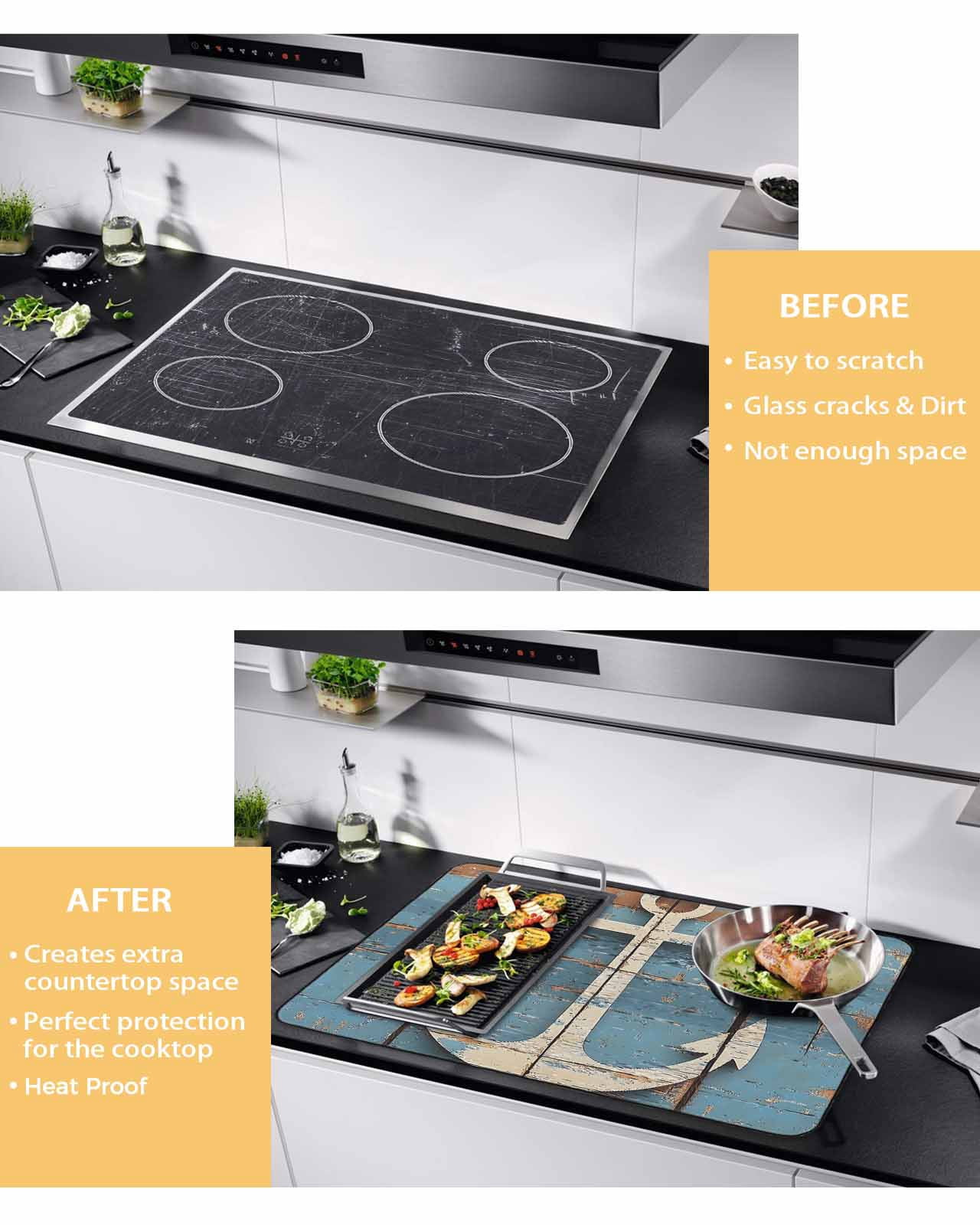nqOlkjepod Large Induction Cooktop Protector Mat 24"x21", Vintage Beige Anchor Stove Top Covers for Electric Stove, Modern Nautical Coastal Wooden Stove Burner Cover Mats, Glass Top Stove Cover