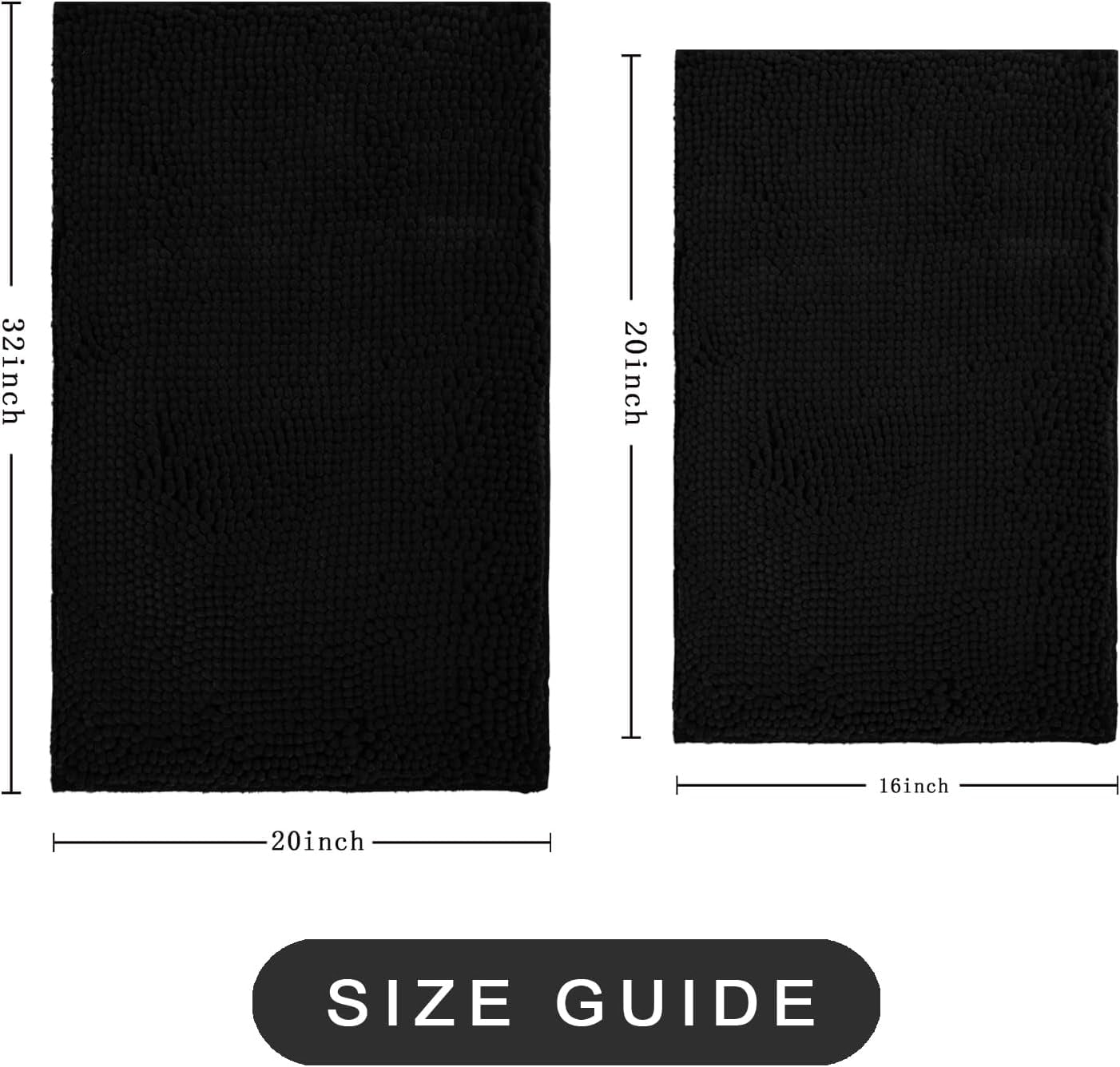 Bathroom Rugs Sets 2 Piece, Ultra Soft Absorbent Bath mat Chenille Bathroom Rug, Antiskid Bath mats Washable Bathroom mat (20x32 inch + 16x24 inch) Black