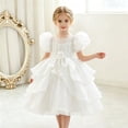 thumbnail image 2 of Toddler Girls 0-5Y Cute Puff Sleeve A-Line Princess Dress, Layered Tulle Flower Girl Ball Gown for Wedding, Evening Party White 2 Years, 2 of 7