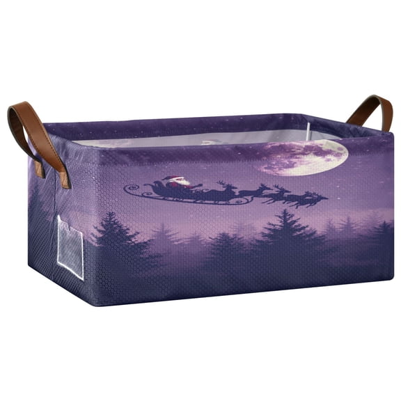 Santa Claus Flying in His Sleigh Storage Basket Soccer Plaid Fabric Hoard Box Oversized Collapsible Closet Organizer with Metal Iron Frame 16.9×11.4×7.7in