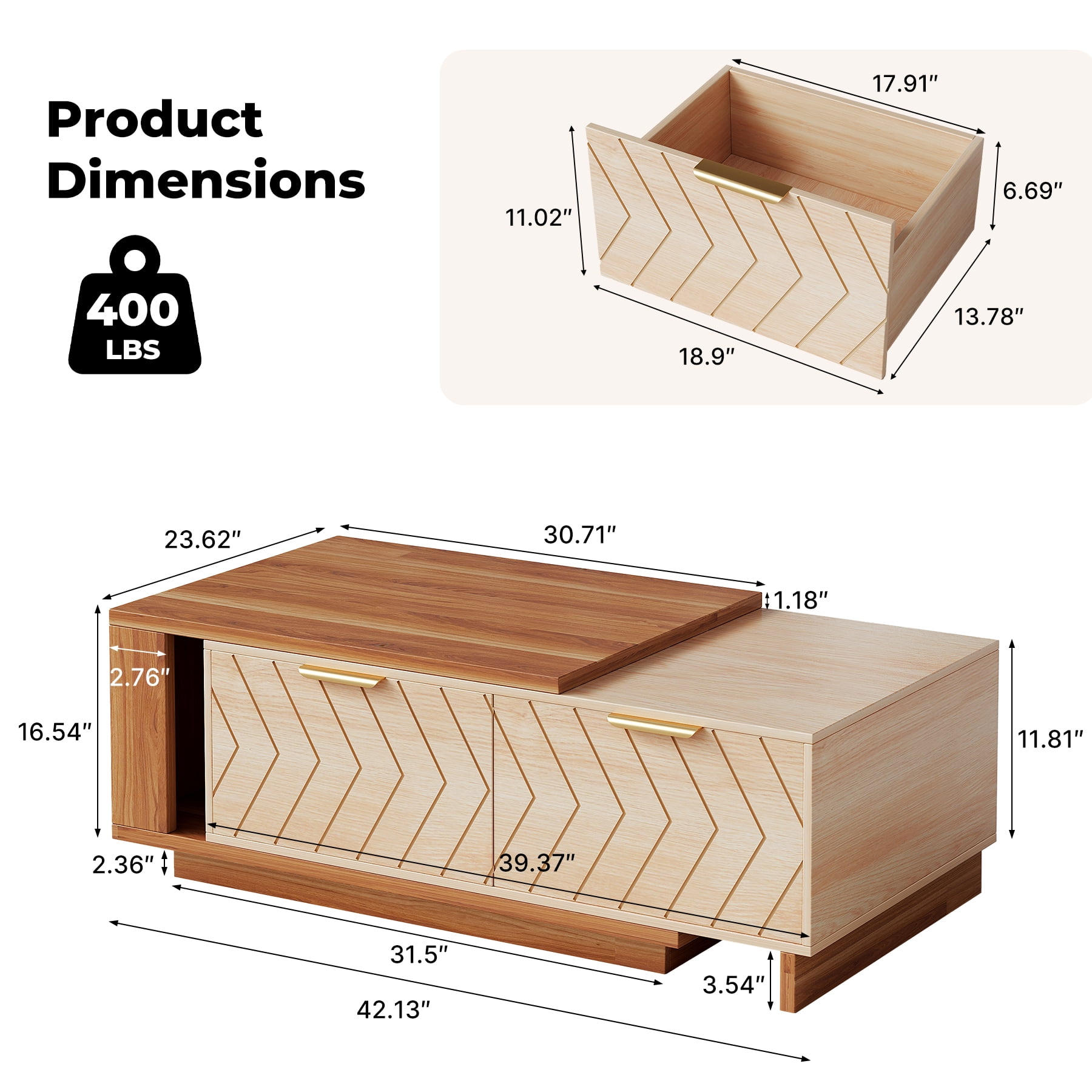 Expandable Coffee Table with Storage, 42''-65'' Two-Tone Wood Coffee Table with 2 Drawers for Living room