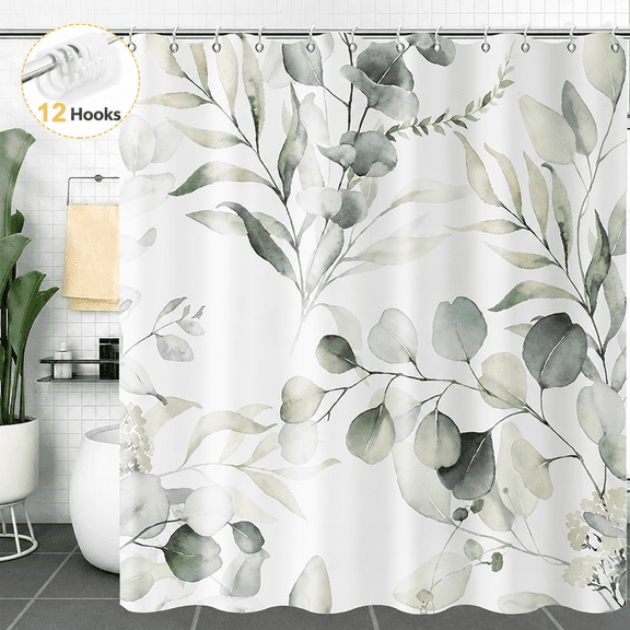 Eucalyptus Leaf Shower Curtain 70 x 70 Inches, Sage Green Botanical Watercolor Plant Bathroom Decor, Waterproof Fabric, Machine Washable, with 12 PC Hooks