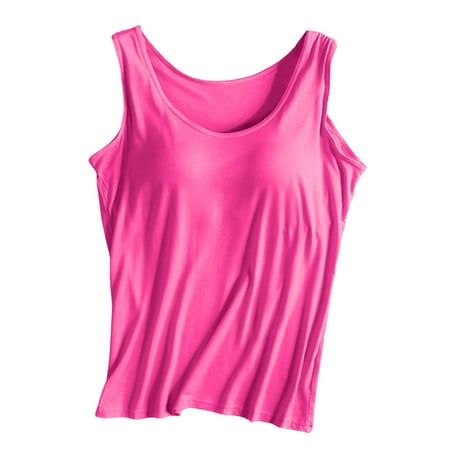 MIASHUI Women Solid Color Tank Top with Bra Wide Strap Yoga Sports Vest Hot Pink M