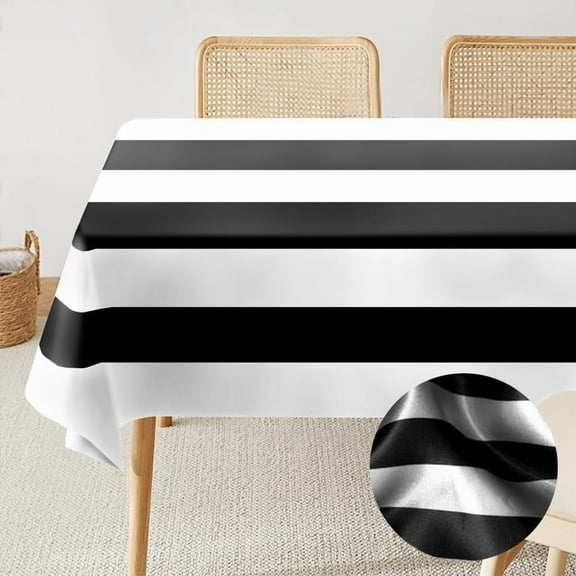 AzulHome Rectangular Tablecloth 95” x 63” inch, Velvet Stain and Wrinkle Resistant Washable Table Cloth, Decorative Table Cover for Dining Table, Outdoor Camping, Black and White Stripe