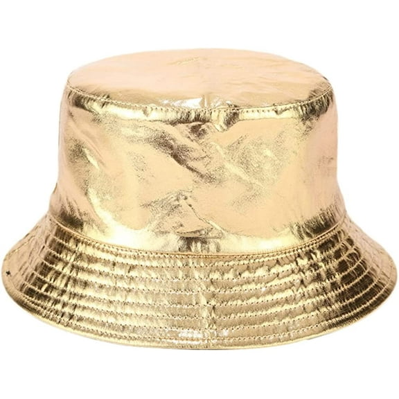 CoCopeaunt Women Men PU Leather Bucket Hat Shiny Redial Reversible Sun Hat Sun Protection Wide Brim Caps Cool Foldable Hats Outdoor