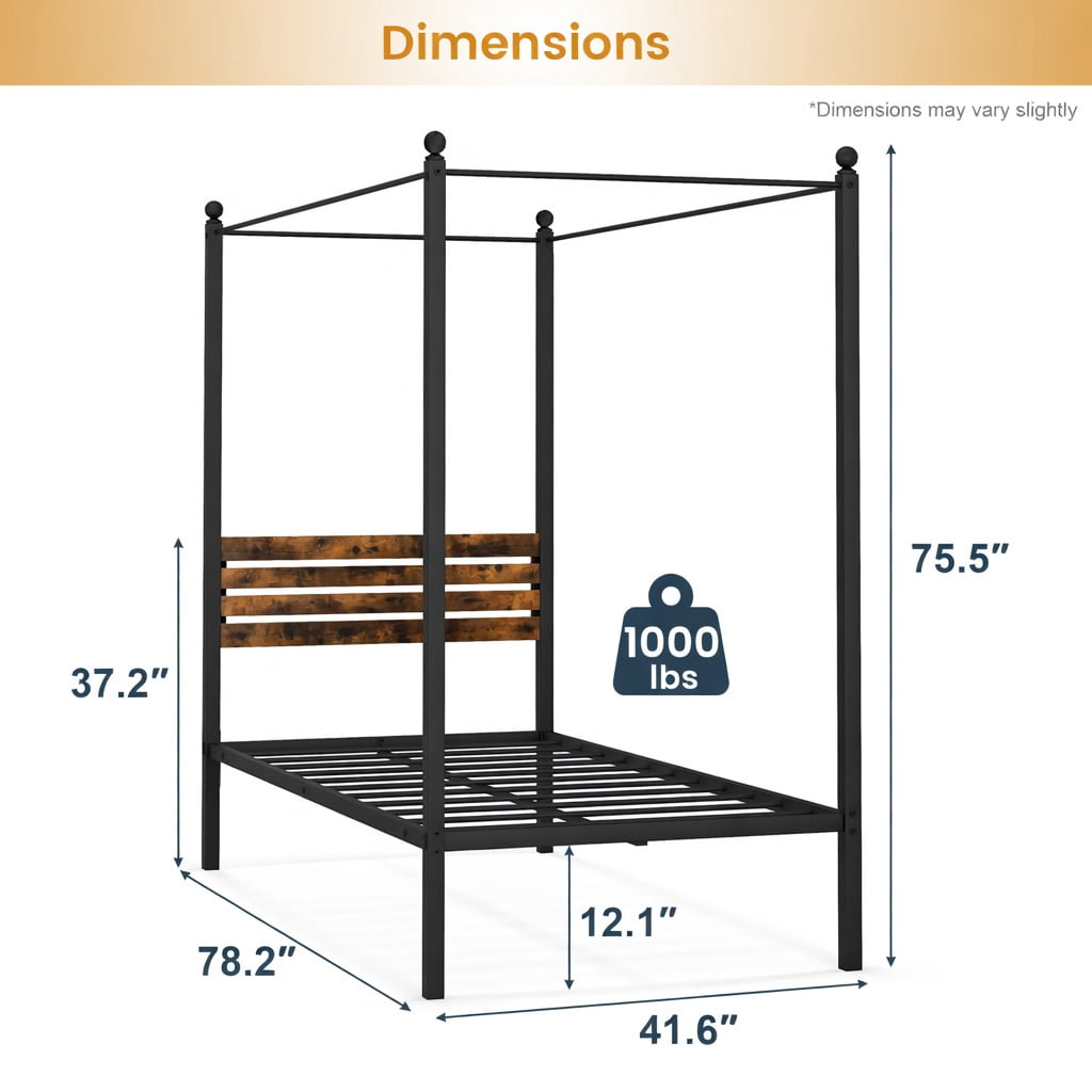 Demi Bonn Twin Size Canopy Metal Platform Bed Frame with Under Bed Storage, Steel Slat Support, No Box Spring Needed, Black
