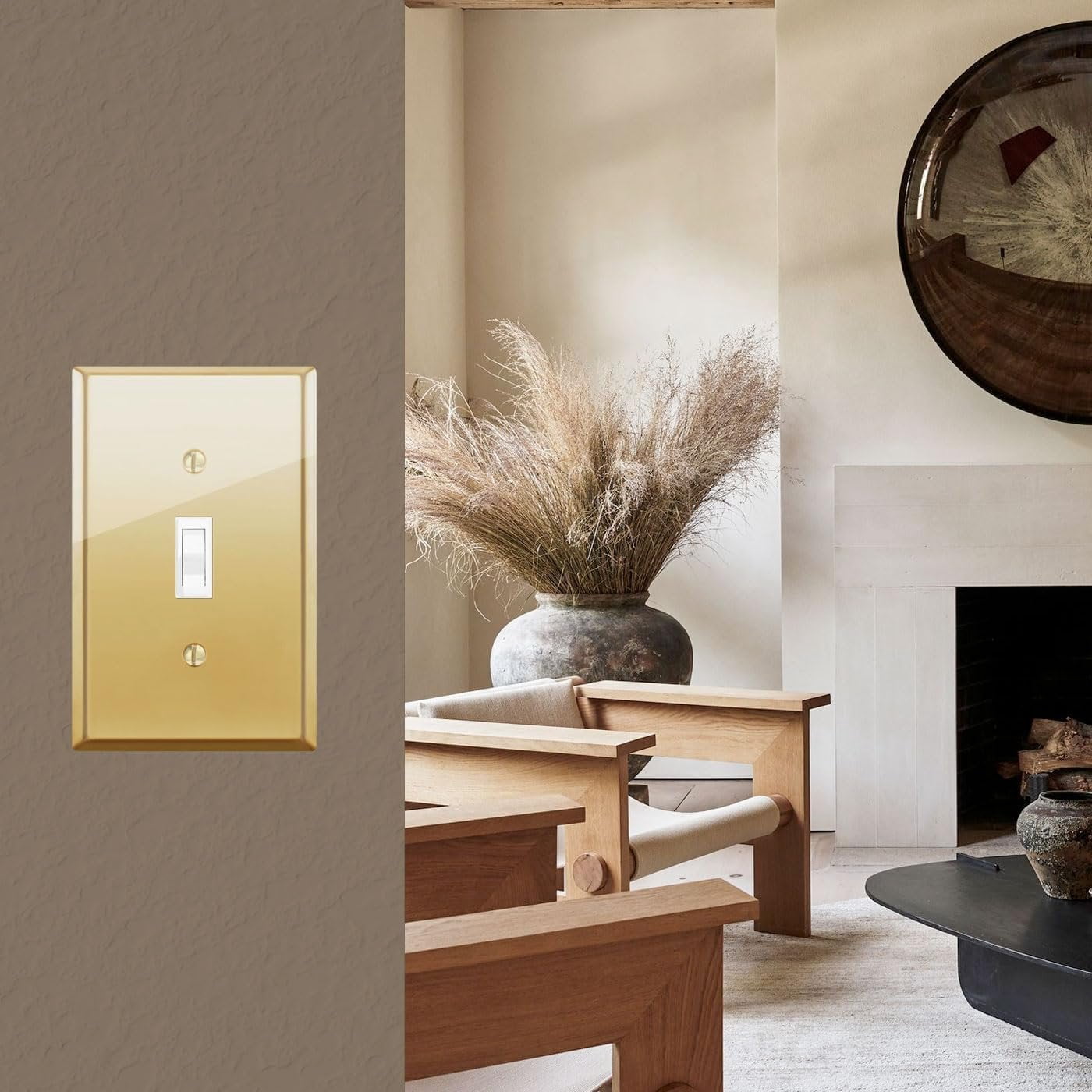 Rio Salto BRASS Signature Collection Polished Gold Standard Size Metal Duplex Outlet Cover Light Switch Cover Wall Plate Single Receptacle Wallplate Covers 5-Pack Polished Shiny Gold