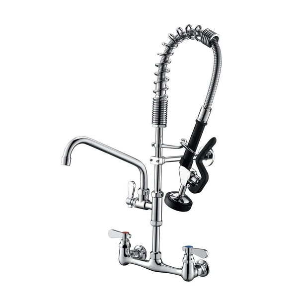 Llave de cocina de montaje en pared central de 20.3 cm, llave de fregadero de 61 cm de altura con boquilla giratoria de 30.5 cm para restaurante industrial