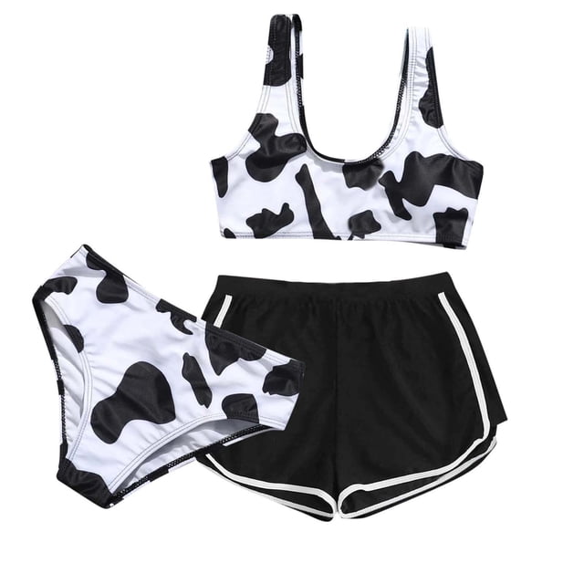 GYUJNB Maillot de Bain Fille Imprimé Vache Ensemble Bikini 3 Pcs avec Short de Sport Maillots de Bain