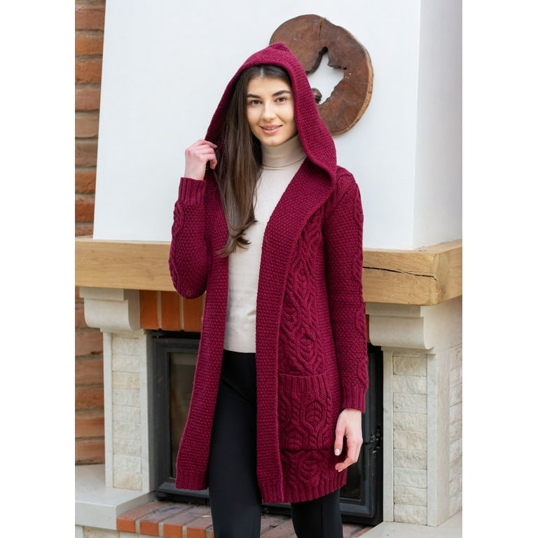 SAOL 100% Merino Wool Women\'s Aran Open Front Long Cardigan Sweater Irish  Cable Knit Outdoor Coat with Hood Made in Ireland