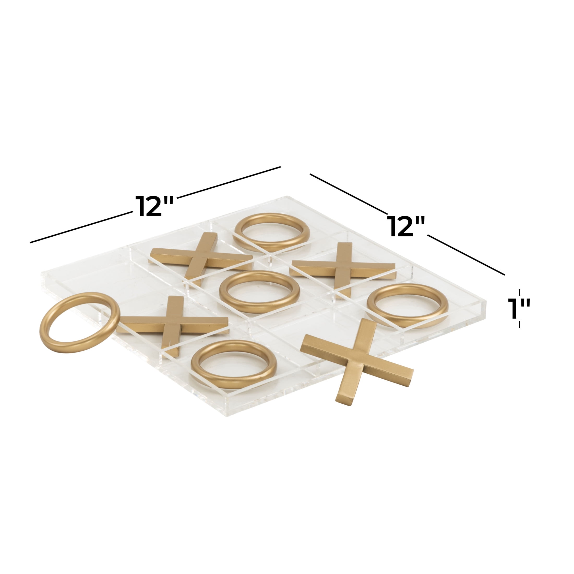 DecMode 12" x 1" Gold Metal Tic Tac Toe Game Set with Clear Acrylic Plastic Board, 1-Piece