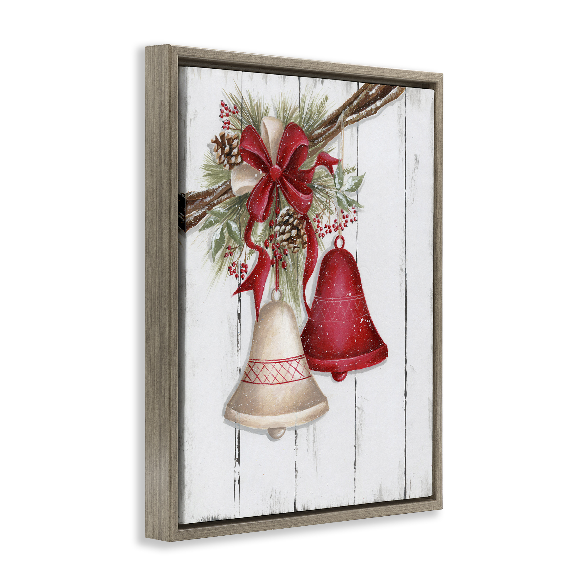 Stupell Industries Rustic Winter Bells Holiday Painting Brown Floater Framed Art Print Wall Art, 17 x 21