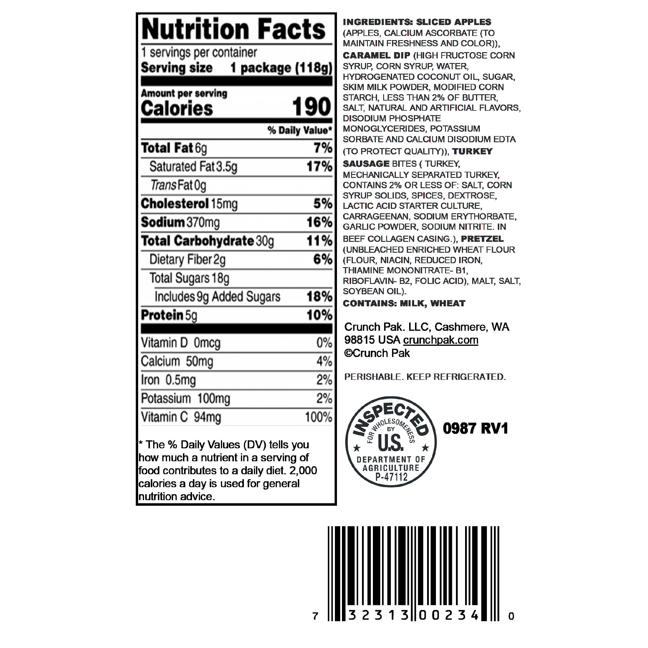 Crunch Pak Sweet & Savory Snacker with Tart Apples, Turkey Bites, Pretzels, & Caramel 4.15oz Tray