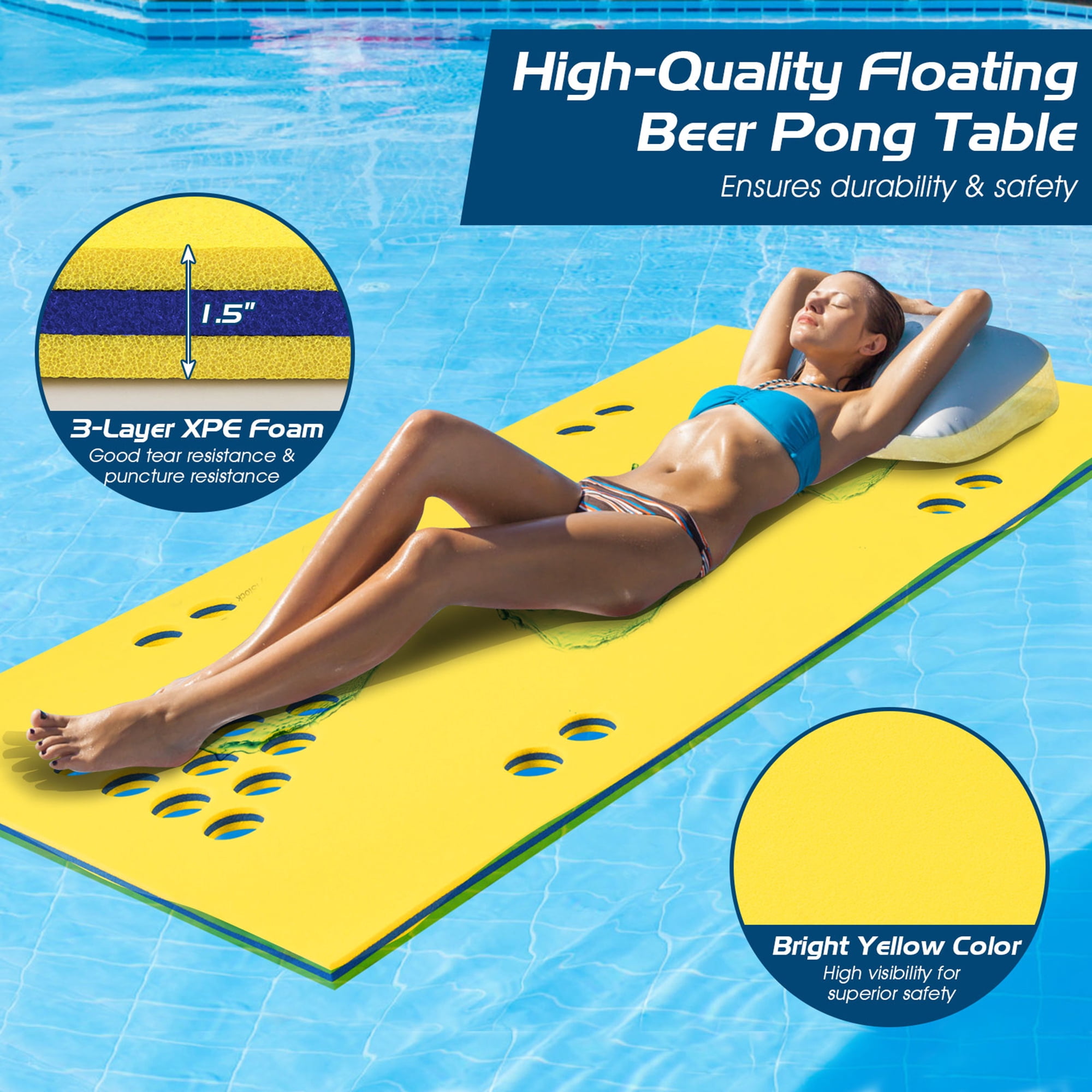 Gymax 3-Layer XPE Foam Floating Beer Pong Table Floating Game Table Water Mat Yellow