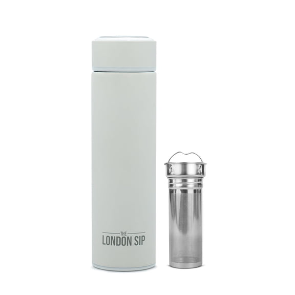 The London Sip 16.9 oz Multi-Purpose Tea Infuser Mug – Fruit Infuser Water Bottle for Hot and Cold – Double Wall Stainless Steel Insulated, Pearl White