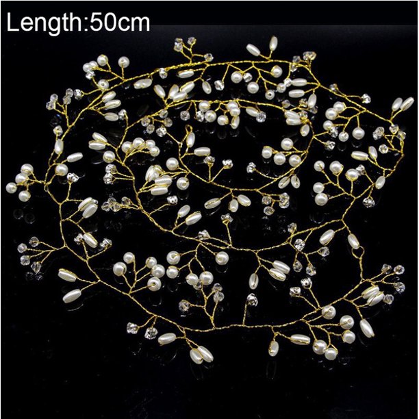 Tocado de perlas de cristal, diadema, horquilla para novia, tocado de vid de diamante, joyería de boda, 50 cm, dorado