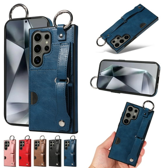 Allytechgroup Wallet Case for Samsung Galaxy S25 , [Card Slot] [Ring Buckle] [Adjustable Wristband with Snap Buckles] Premium PU Leather Kickstand Shockproof Case Cover for Women Men, Blue