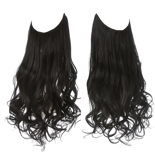 Nvzi Extensión de cabello invisible con hilo de pescar, fibra sintética larga ondulada y rizada, extensión de cabello ajustable estilo diadema, 22 pulgadas, negra, 1 pieza, estilo A