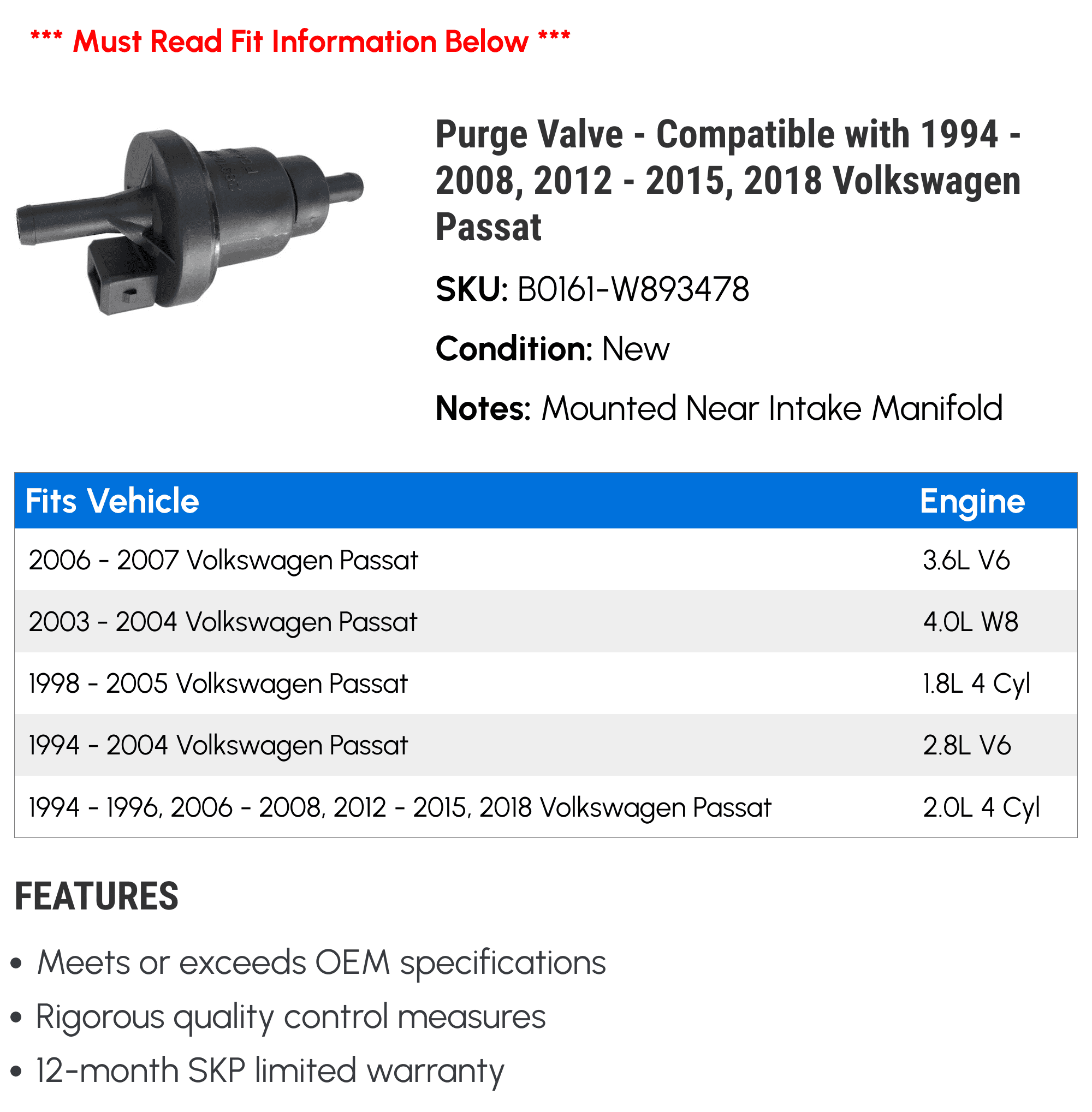 Purge Valve - Compatible with 1994 - 2008, 2012 - 2015, 2018 Volkswagen Passat 1995 1996 1997 1998 1999 2000 2001 2002 2003 2004 2005 2006 2007 2013 2014 2016 2017