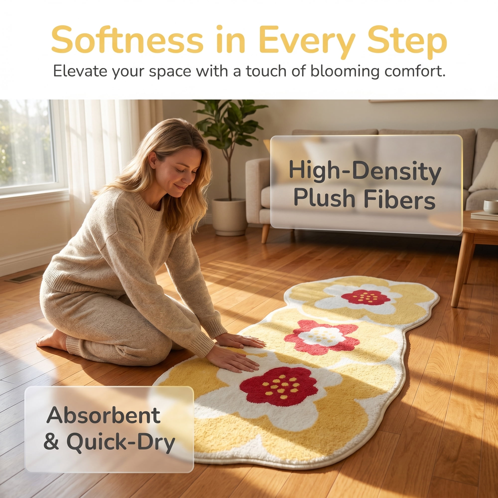 Unique Bargains Shaggy Area Rug Faux Fur Non-Slip Long Area Rug 47" x 16" Yellow Flower