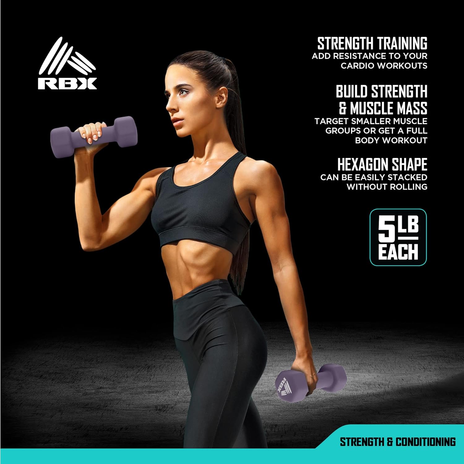 RBX Weights Dumbbells Set - Neoprene Arm Weights with Non-Slip Grip, Training, Workout, Fitness, 5lb