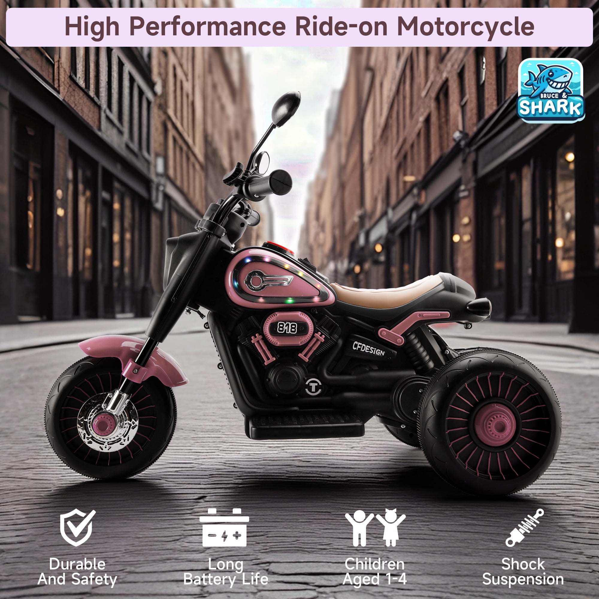 Bruce&Shark Toddler Motorcycle, 6V Battery Powered Electric Motorcycle with Headlights & Music, Kids Motorcycle Ride on Toy for Toddlers Boys 18+ Months