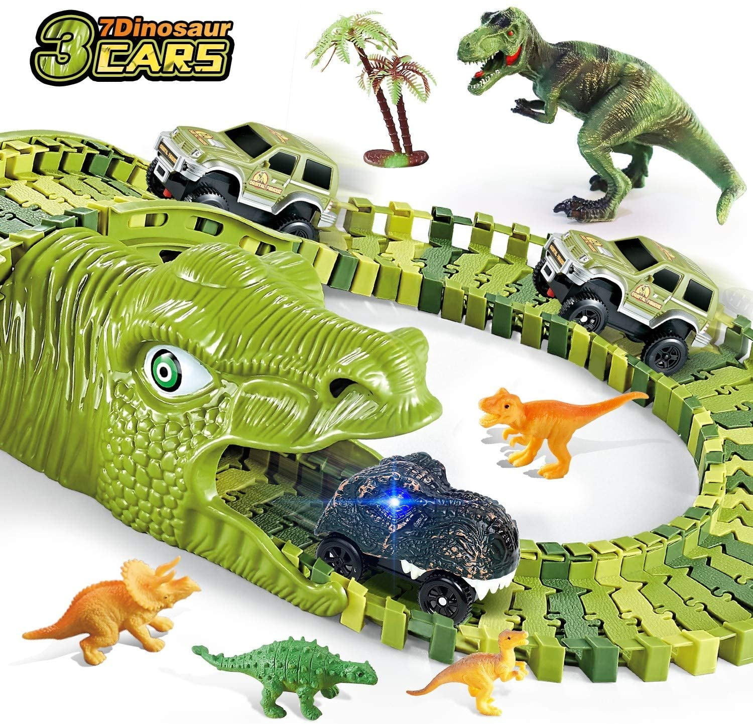 Dinosaur Toys, 260 Pcs Dinosaur Car Race Track Toy with 250 Flexible Train Track Playset